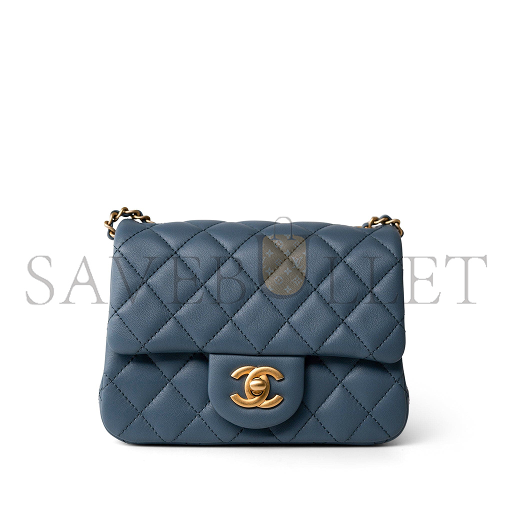 Ch*el master gold ball flap bag cf fatty fang denim blue as1786 (18*13*7cm)